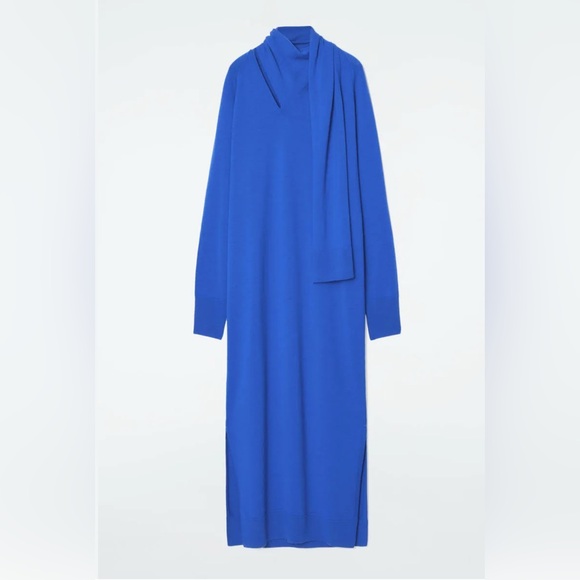 Cos Blue 100% Wool Knit Maxi Sweater Dress Scarf Neck M Quiet Luxury Minimalist - Picture 3 of 10